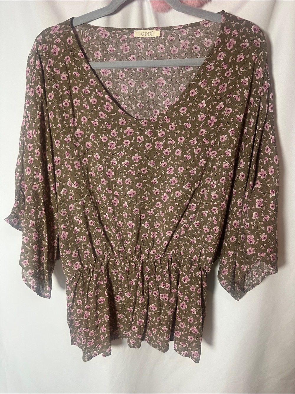 ODDY Olive Green Floral Peplum Tunic with Pink Blossoms